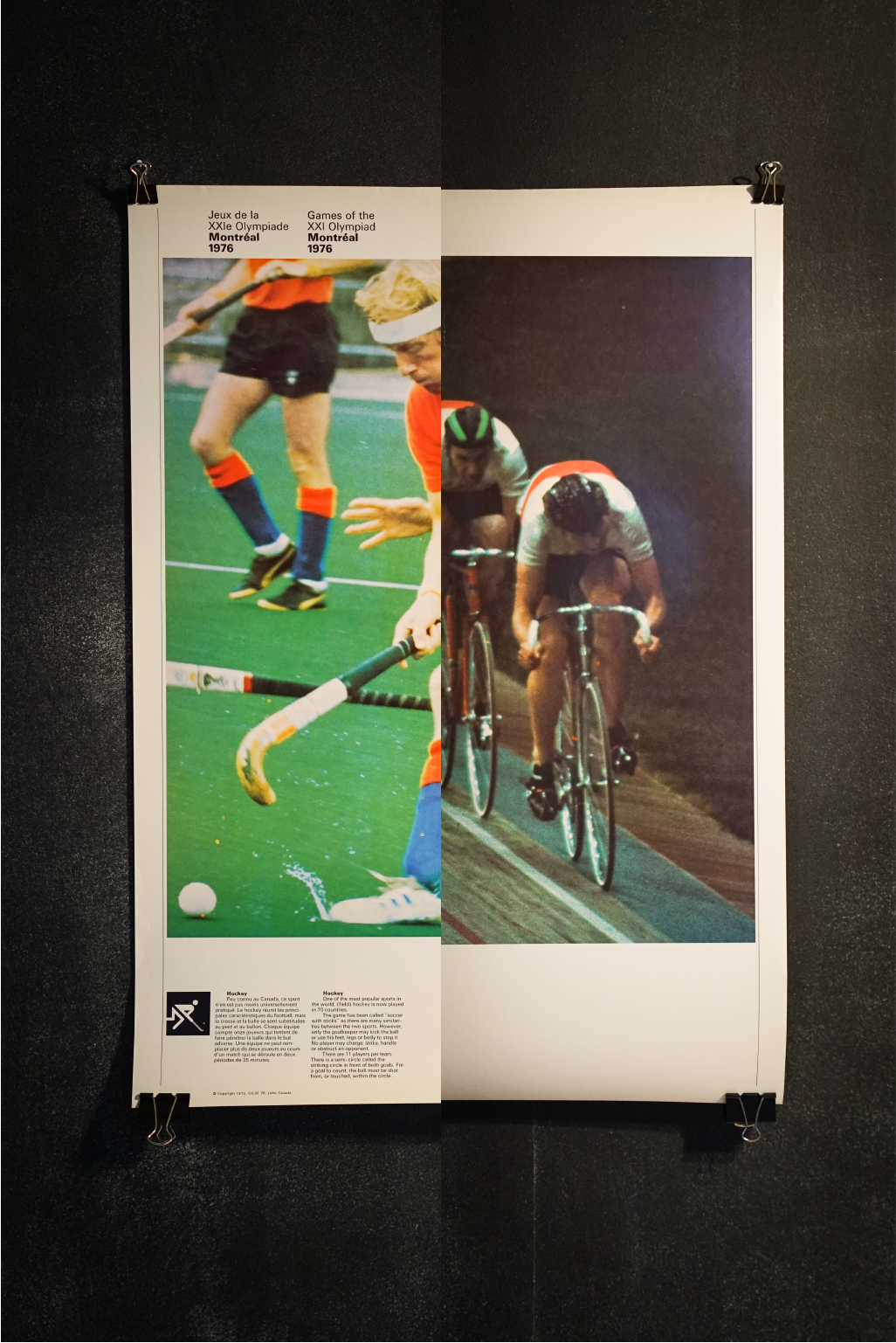 Affiche originale 1976 des Jeux Olympiques de Montréal, Cyclisme et Hockey, recto verso (Grand format)