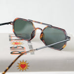 Ribotti Remake Alien Attack unisex sunglasses - futuristic 90s-inspired style, thin aviator tortoiseshell frame, green tinted lenses 