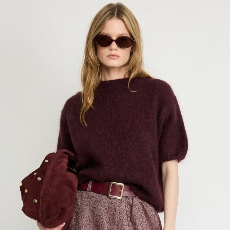 Ribotti Remake Charlie's Dylan unisex sunglasses – burgundy oval frame, brown tinted lenses, slim retro 90s shape 