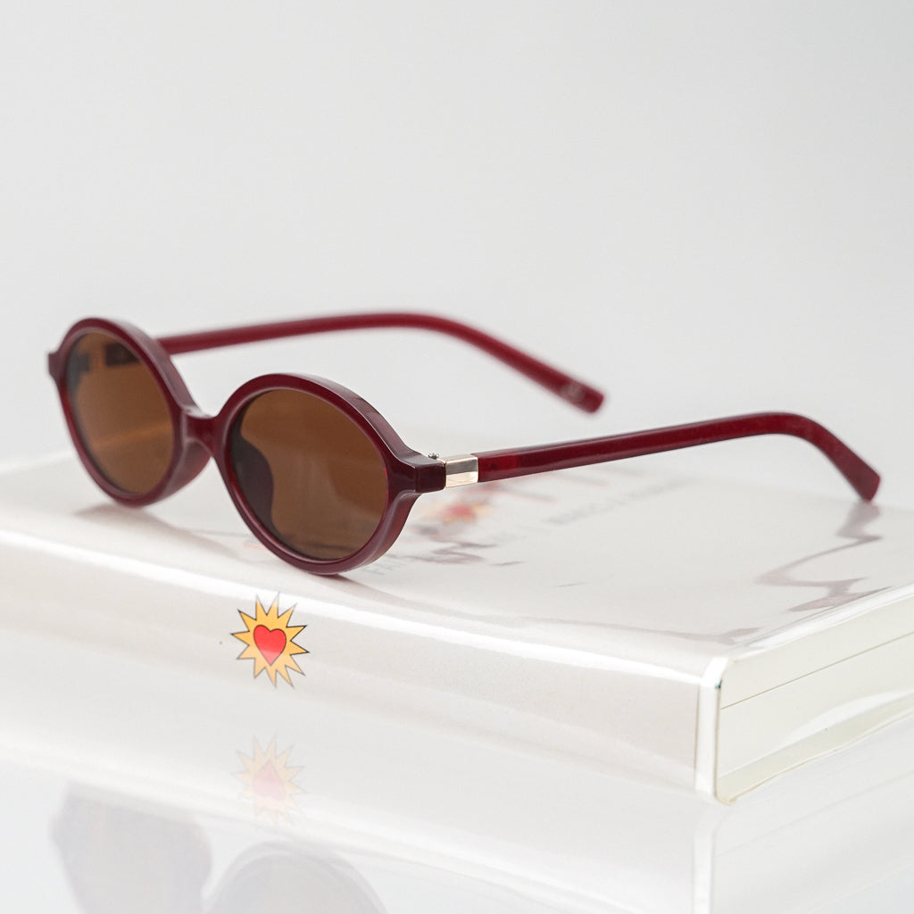 Ribotti Remake Charlie's Dylan unisex sunglasses – burgundy oval frame, brown tinted lenses, slim retro 90s shape 