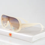Ribotti Remake Cher unisex sunglasses - retro Y2K style, oversized aviator beige frame, gradient purple tinted lenses 