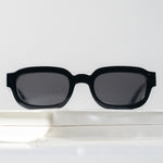 Ribotti Remake Dictions Requiem unisex sunglasses - retro 90s style, black rectangular frame, black tinted lenses 
