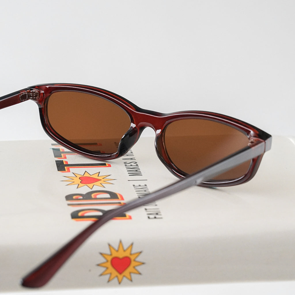 Ribotti Remake Freaky Pink sunglasses - unisex burgundy oval frame, square angles, brown tinted lenses, slim retro chic 90s style 