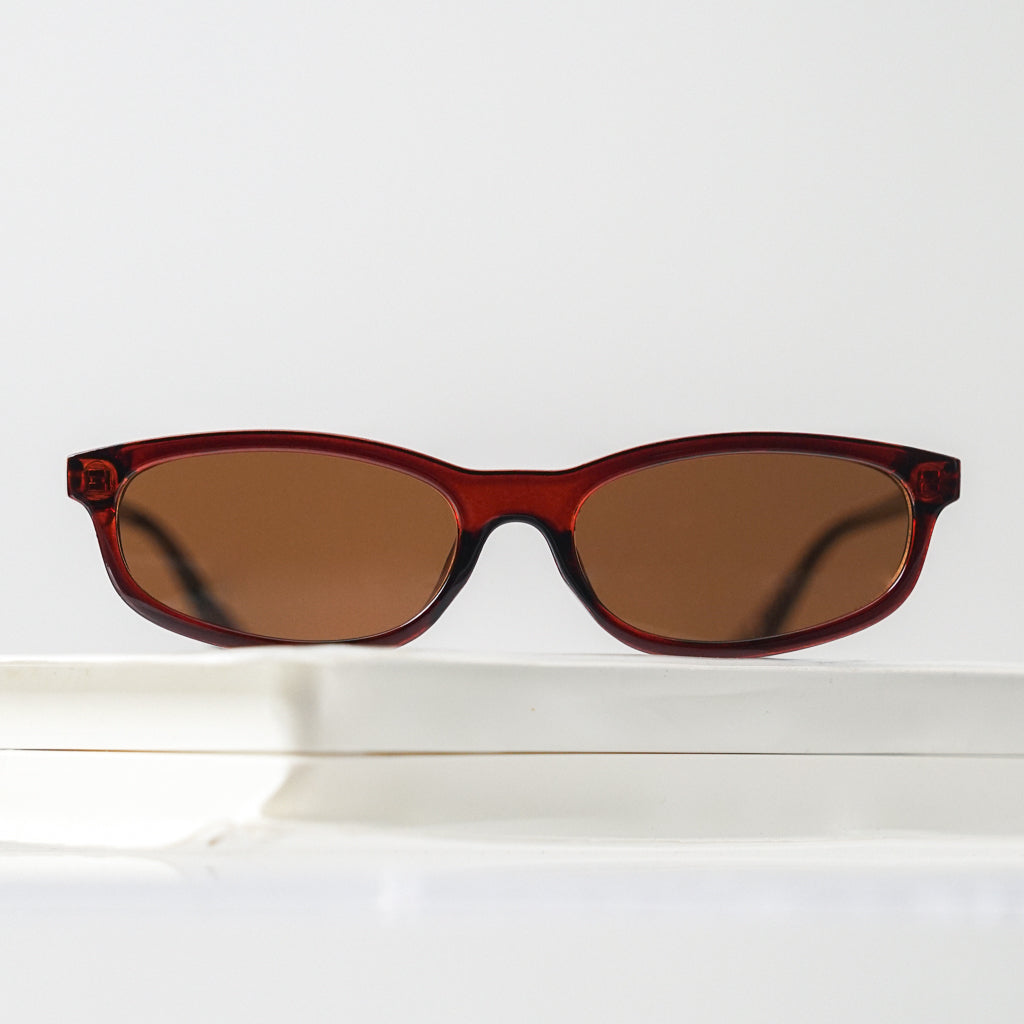 Ribotti Remake Freaky Pink sunglasses - unisex burgundy oval frame, square angles, brown tinted lenses, slim retro chic 90s style 
