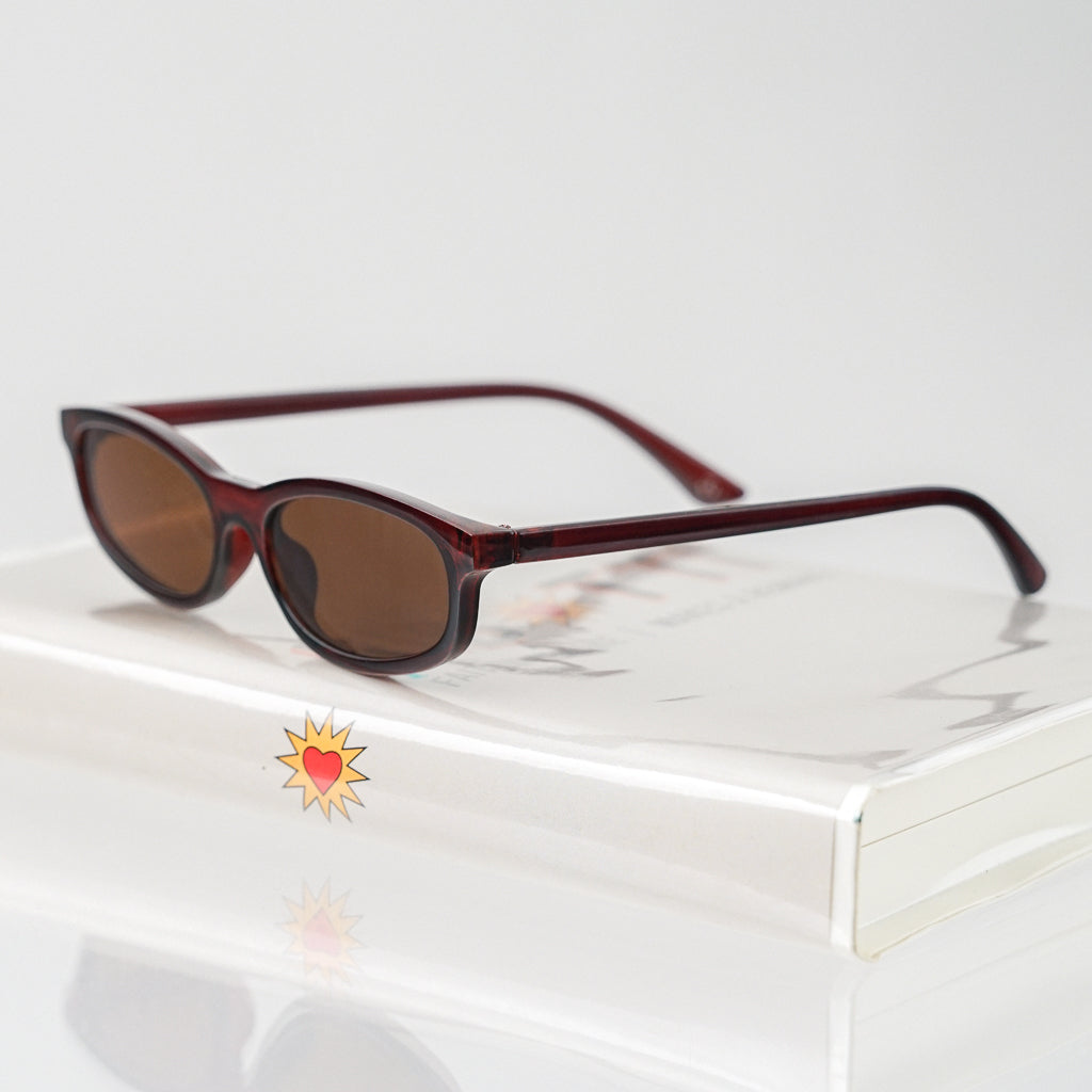 Ribotti Remake Freaky Pink sunglasses - unisex burgundy oval frame, square angles, brown tinted lenses, slim retro chic 90s style 