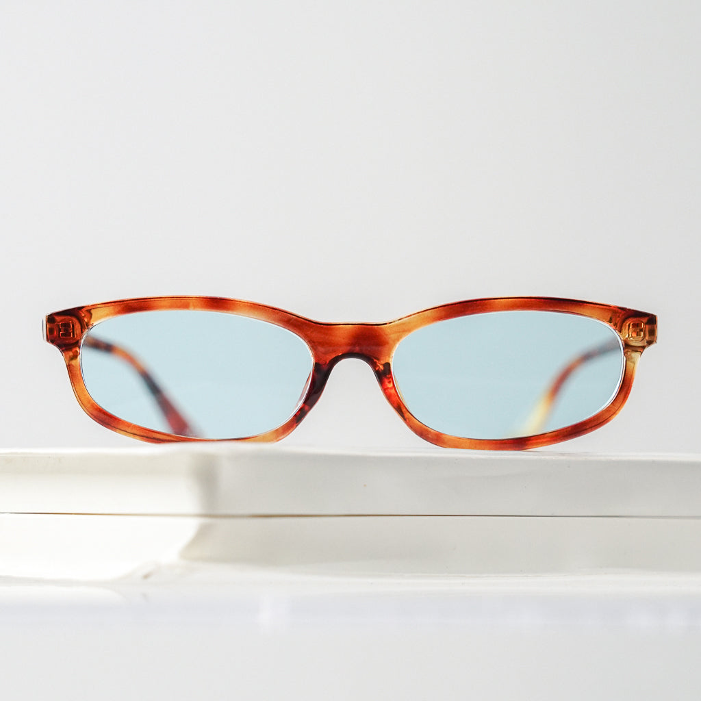 Ribotti Remake Freaky Slip sunglasses - unisex tortoiseshell oval frame, square angles, blue tinted lenses, slim retro chic 90s style 