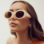 Ribotti Remake Kurt unisex sunglasses - 90s grunge style, oval ivory frame, brown tinted lenses 