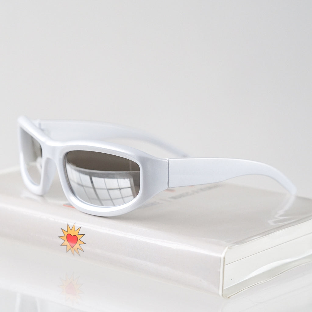 Ribotti Remake Men in Dark unisex sunglasses - grey rectangular oval frame, grey tinted mirror lenses, retro-futuristic minimalist 2000s style