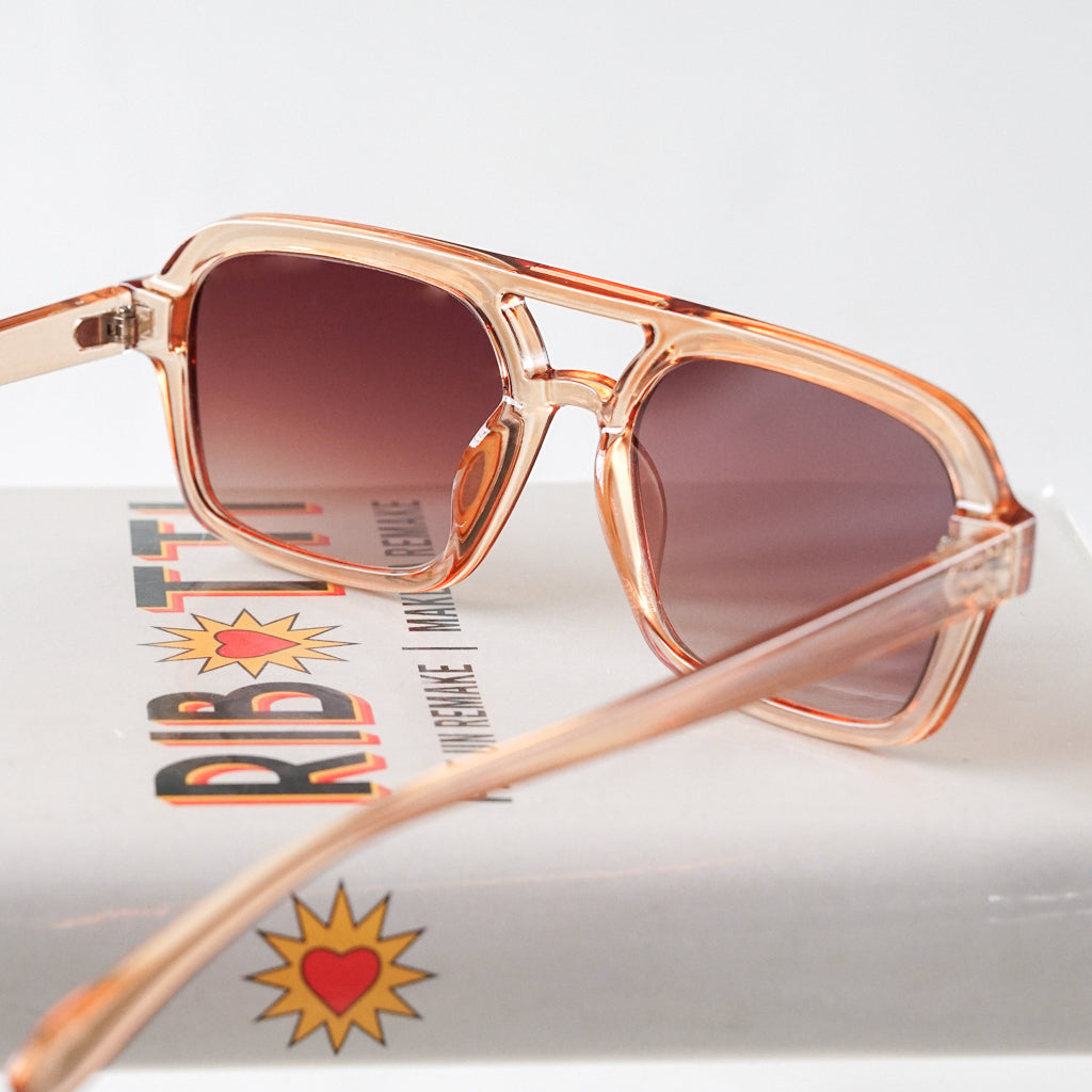 Ribotti Remake Pulp Honey unisex sunglasses - retro 90s style, aviator translucent rose frame, rose tinted lenses 