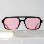 Ribotti Remake Pulp Mia unisex sunglasses - retro 90s style, aviator black frame, pink tinted lenses 