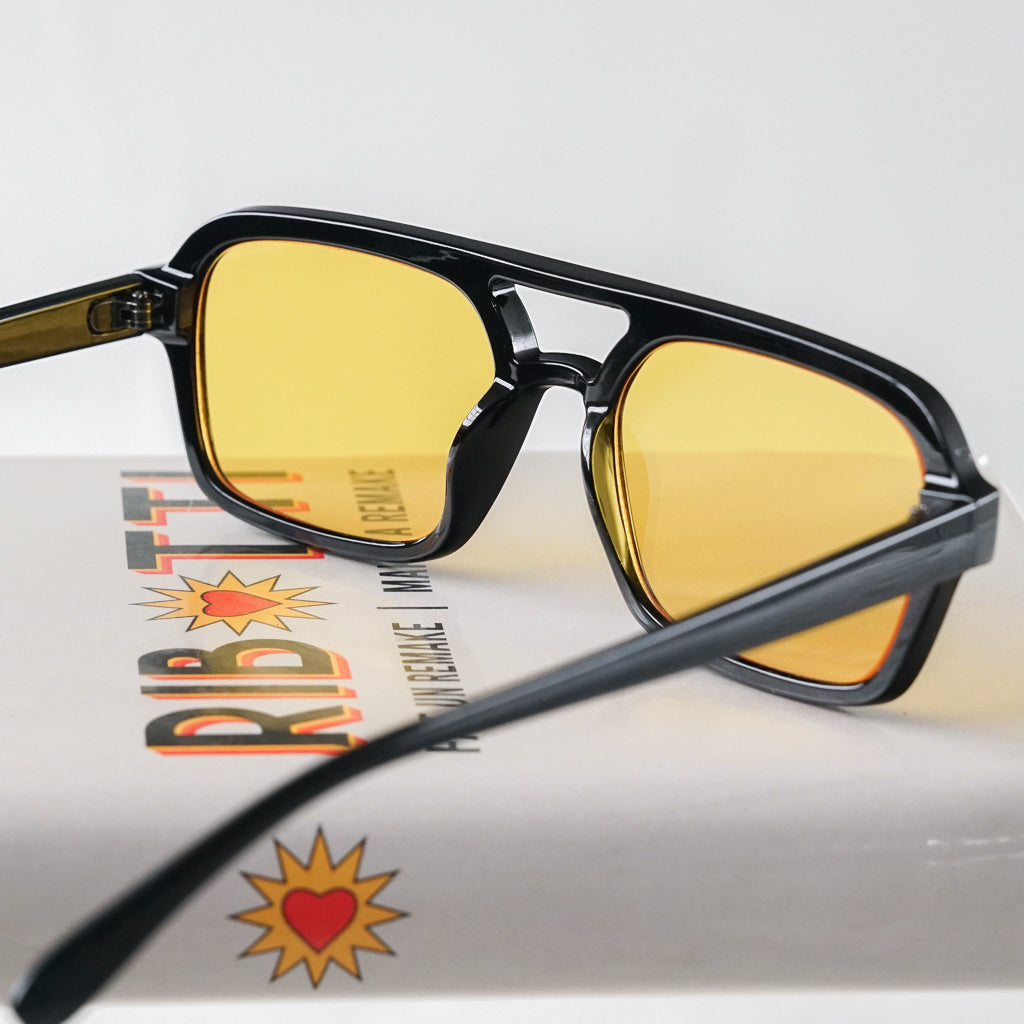 Ribotti Remake Pulp Vincent unisex sunglasses - retro 90s style, aviator black frame, yellow tinted lenses 