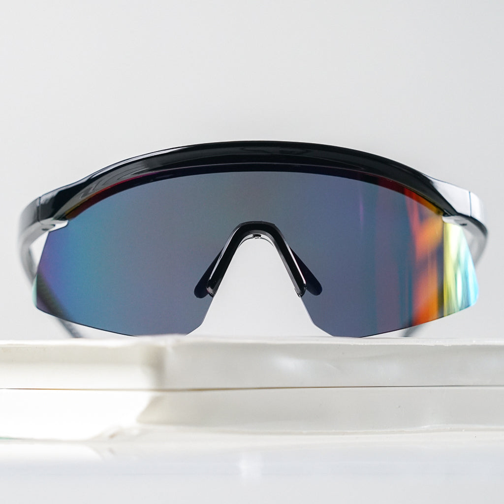 Ribotti Remake Racing Gilles unisex sunglasses – retro 90s sport style, black oversized frame, multicolor tinted mirror lenses 