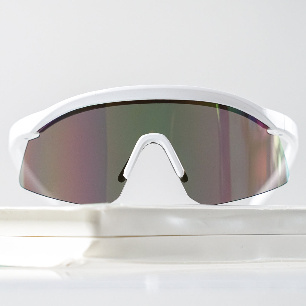 Ribotti Remake Racing Jacques unisex sunglasses – retro 90s sport style, white oversized frame, multicolor tinted mirror lenses 