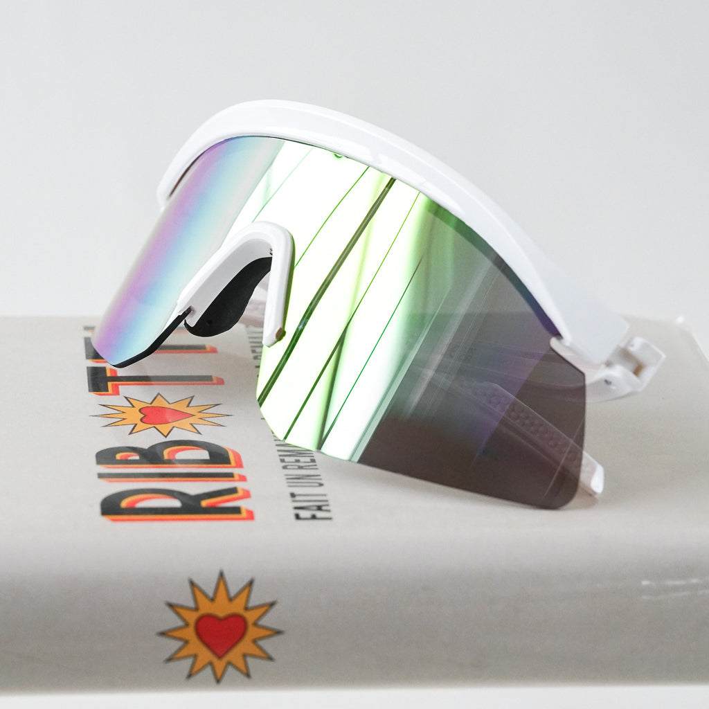 Ribotti Remake Racing Jacques unisex sunglasses – retro 90s sport style, white oversized frame, multicolor tinted mirror lenses 