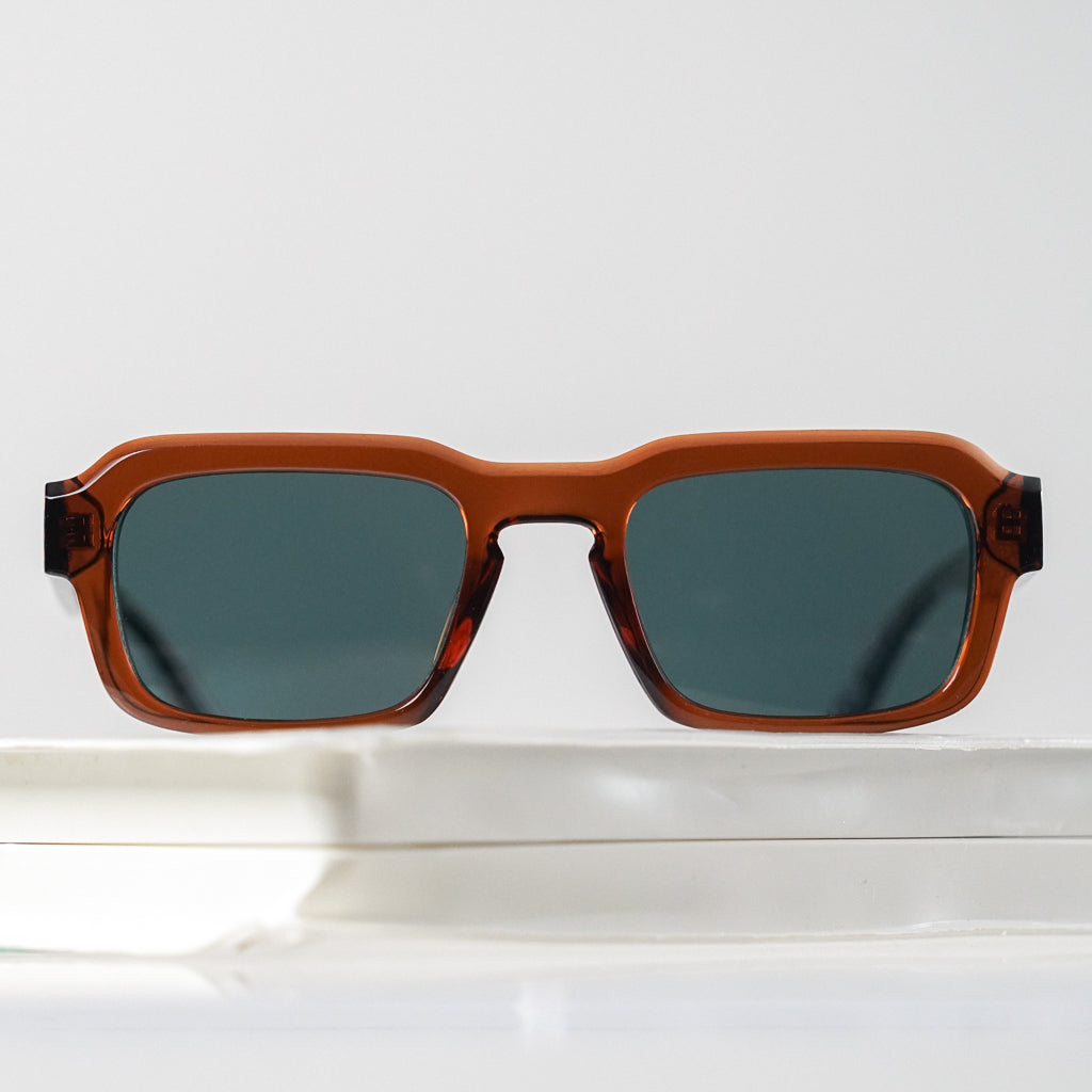 Ribotti Remake Seven Freeman unisex sunglasses - vintage 90s style, rectangular brown frame, blue tinted lenses 