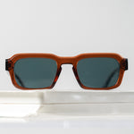 Ribotti Remake Seven Freeman unisex sunglasses - vintage 90s style, rectangular brown frame, blue tinted lenses 