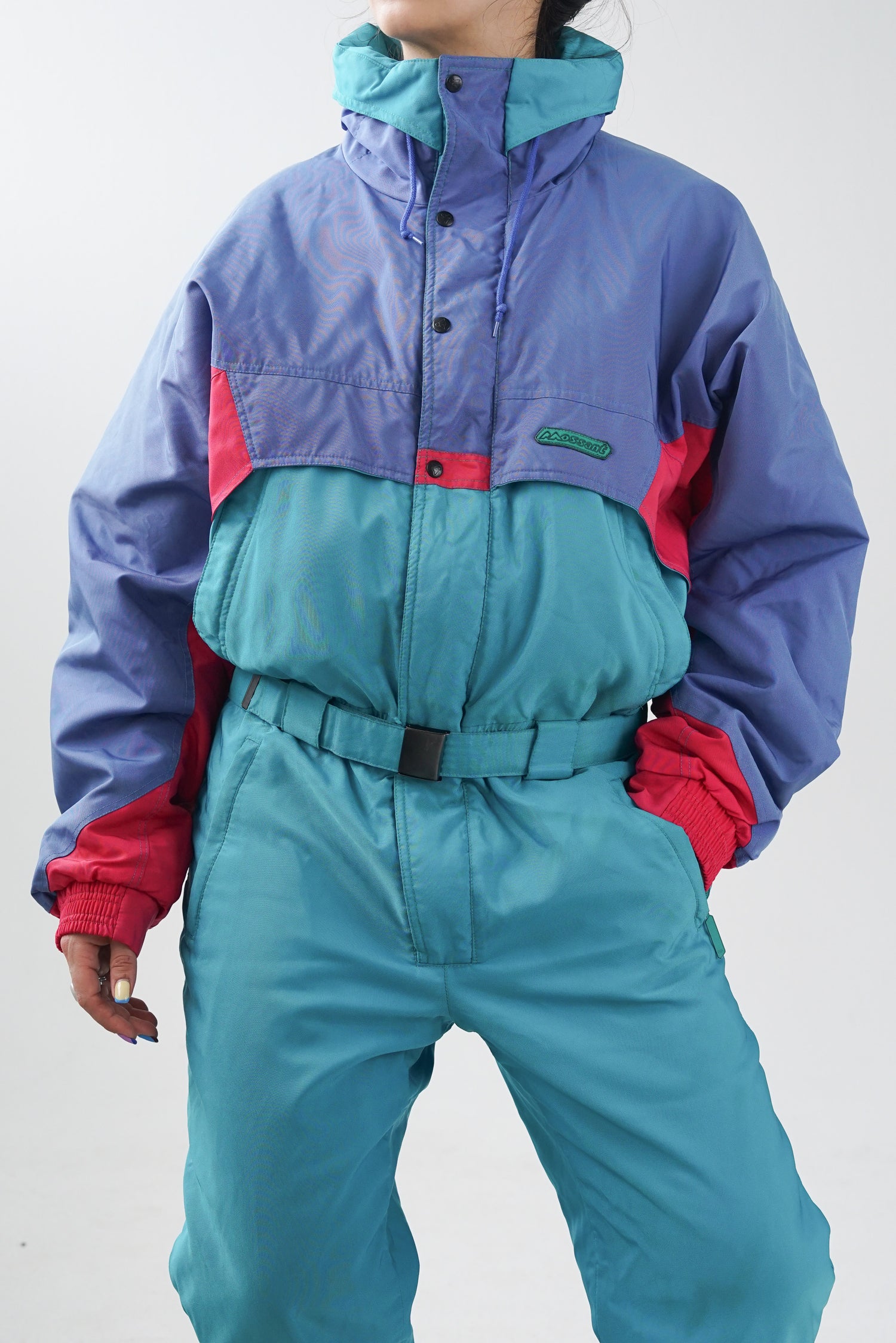 Habit de ski rétro après ski 80s Mossant, one piece ski suit turquoise pour homme taille L-XL