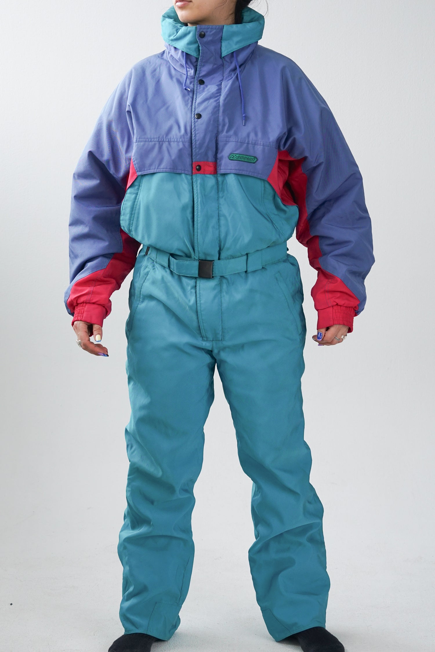 Habit de ski rétro après ski 80s Mossant, one piece ski suit turquoise pour homme taille L-XL