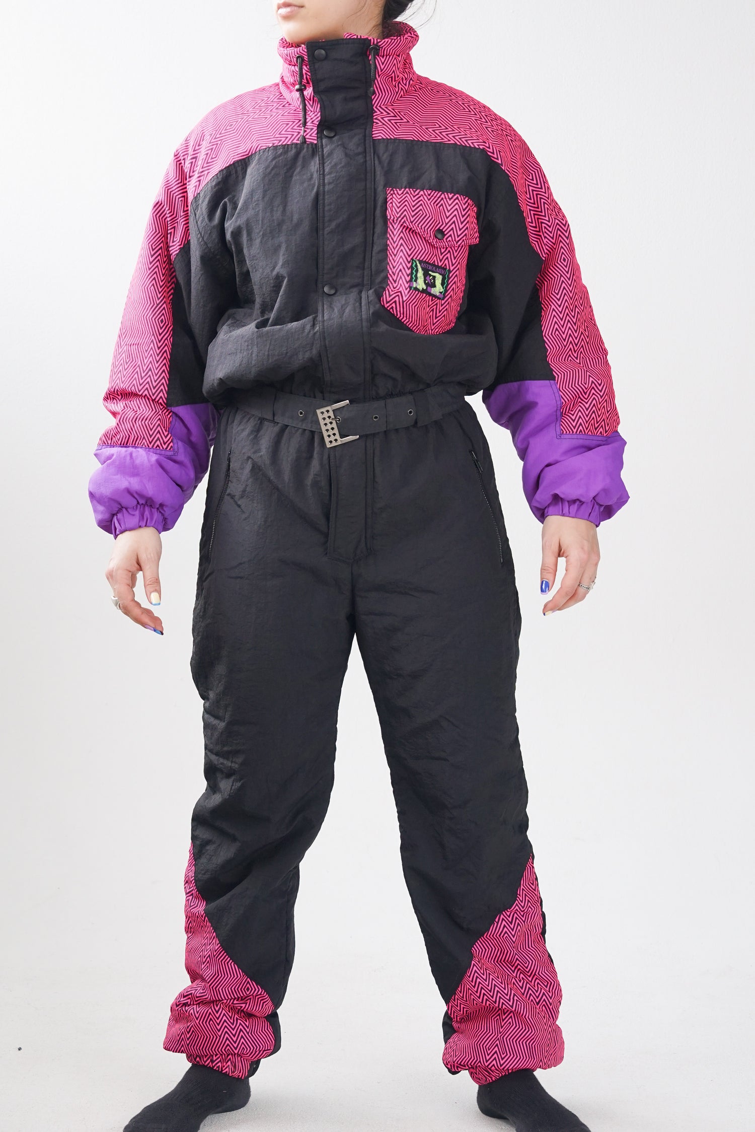 One piece rétro fluo 80s de ski, habit de ski vintage ski suit avec pattern pour homme taille M-L