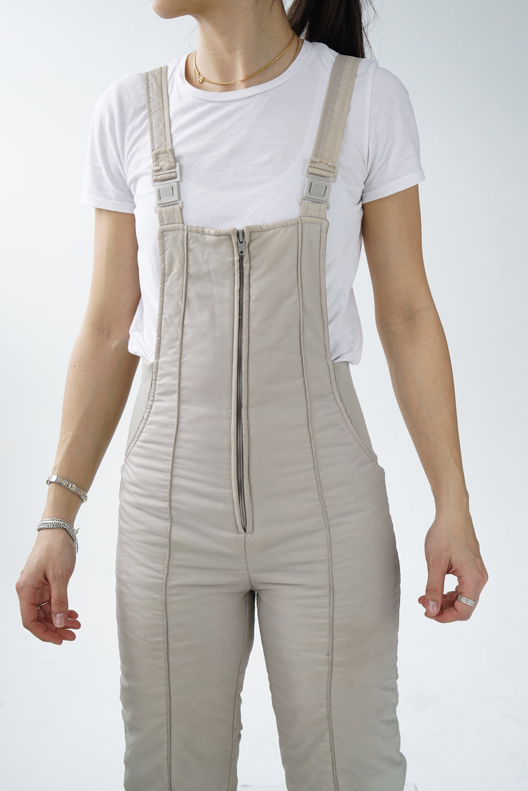 Pantalon de neige salopette vintage SkiOuiSki gris beige pour femme taille S