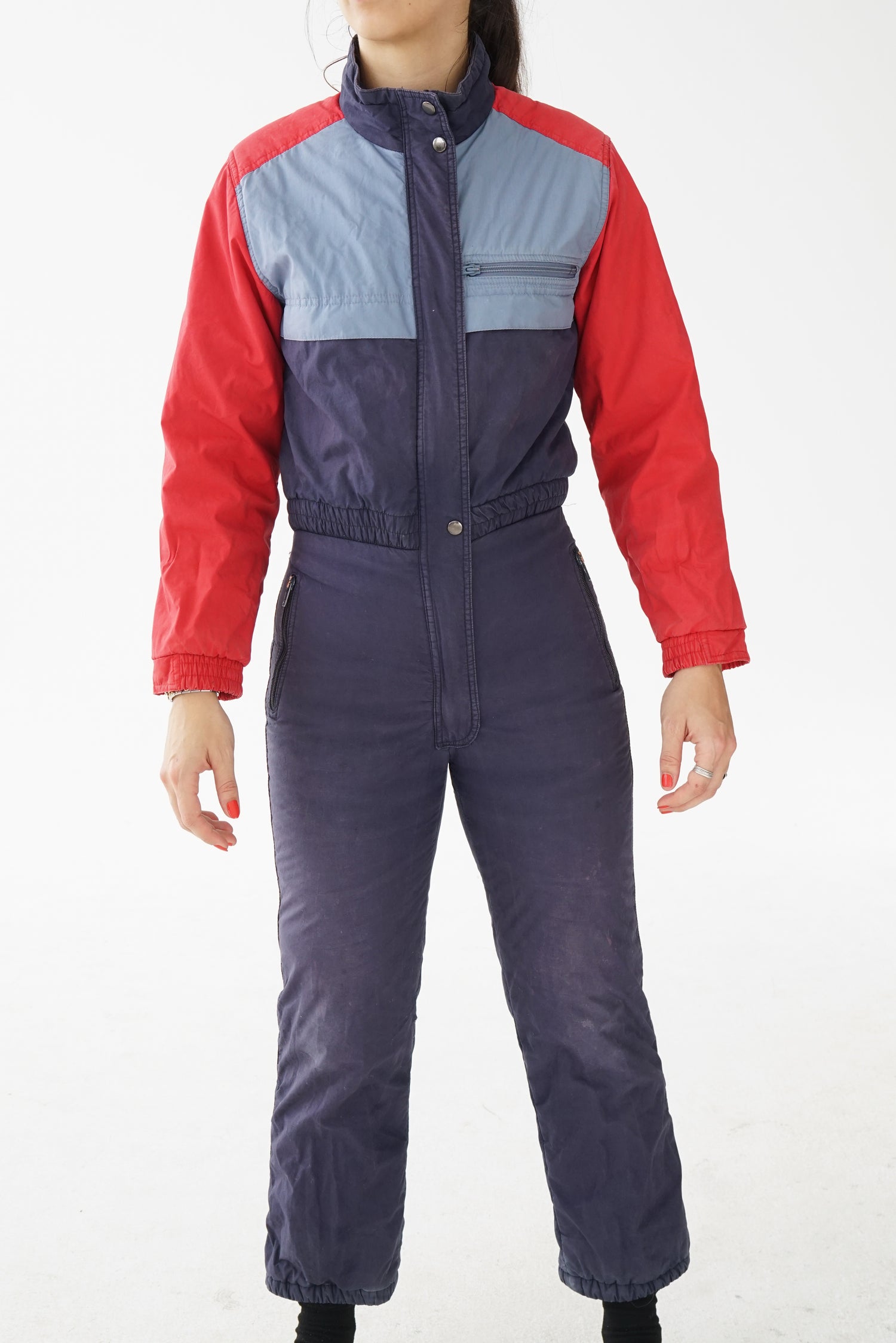One piece Elho ski suit snow suit bleu marin avec rouge et gris unisexe taille 38 (XS)
