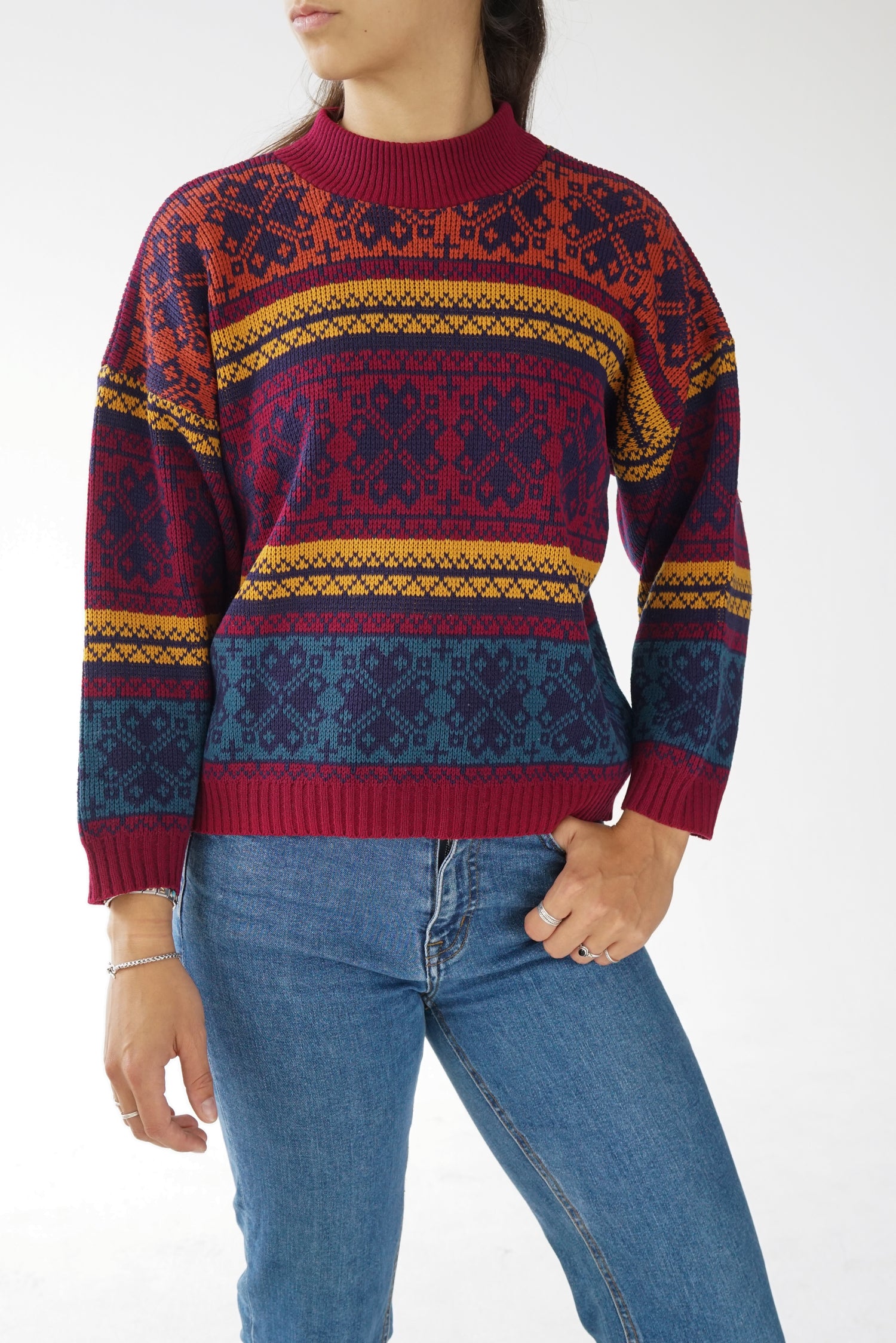 Chandail en tricot vintage Jessica bourgogne à motifs unisex taille S