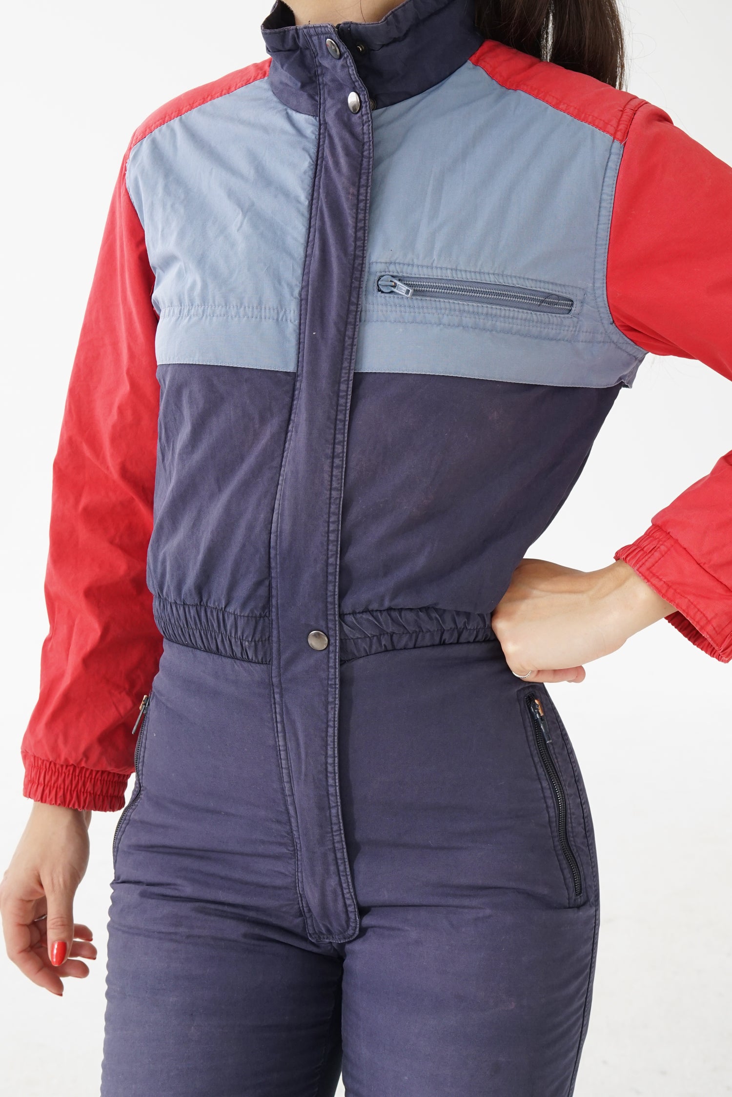 One piece Elho ski suit snow suit bleu marin avec rouge et gris unisexe taille 38 (XS)