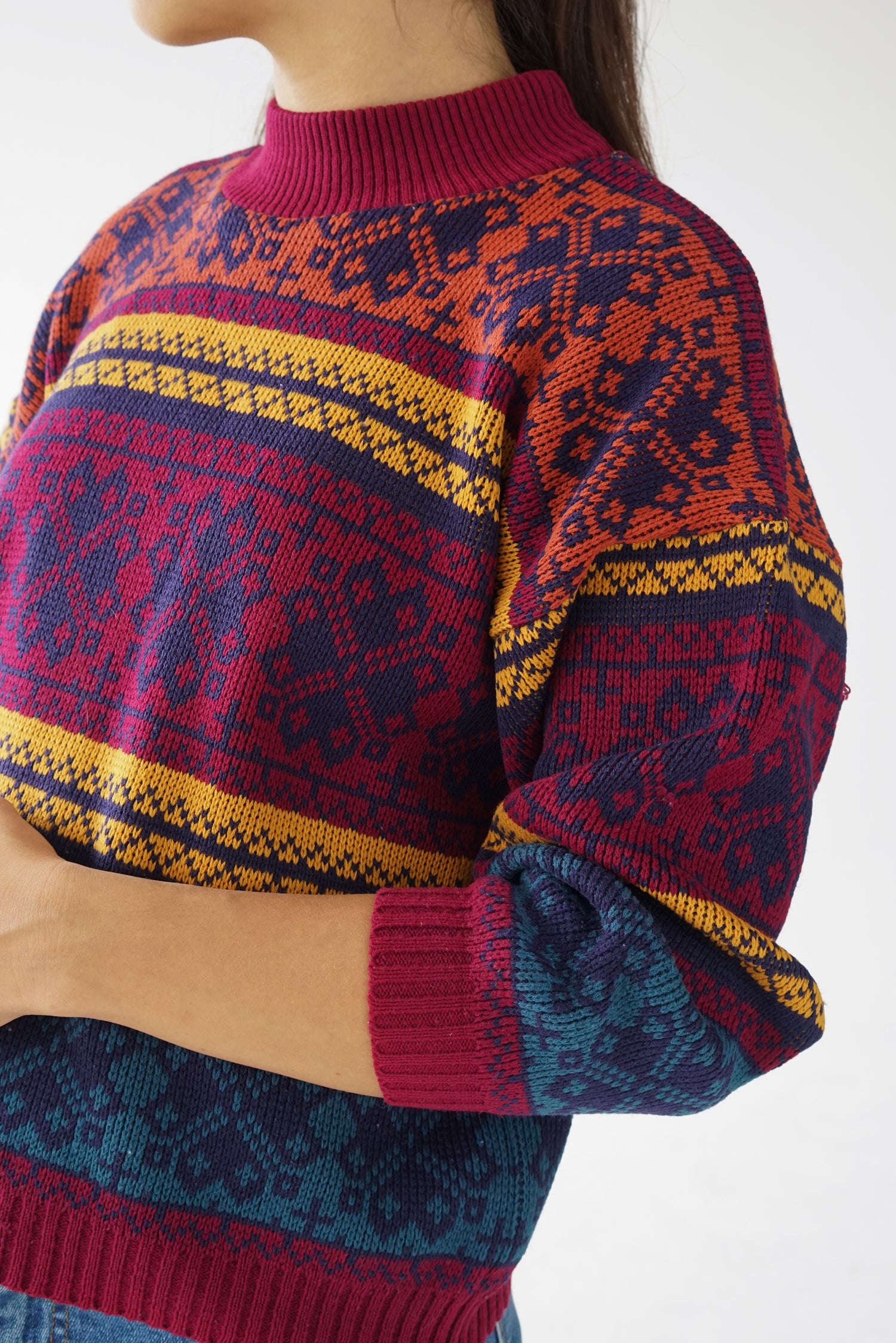 Chandail en tricot vintage Jessica bourgogne à motifs unisex taille S