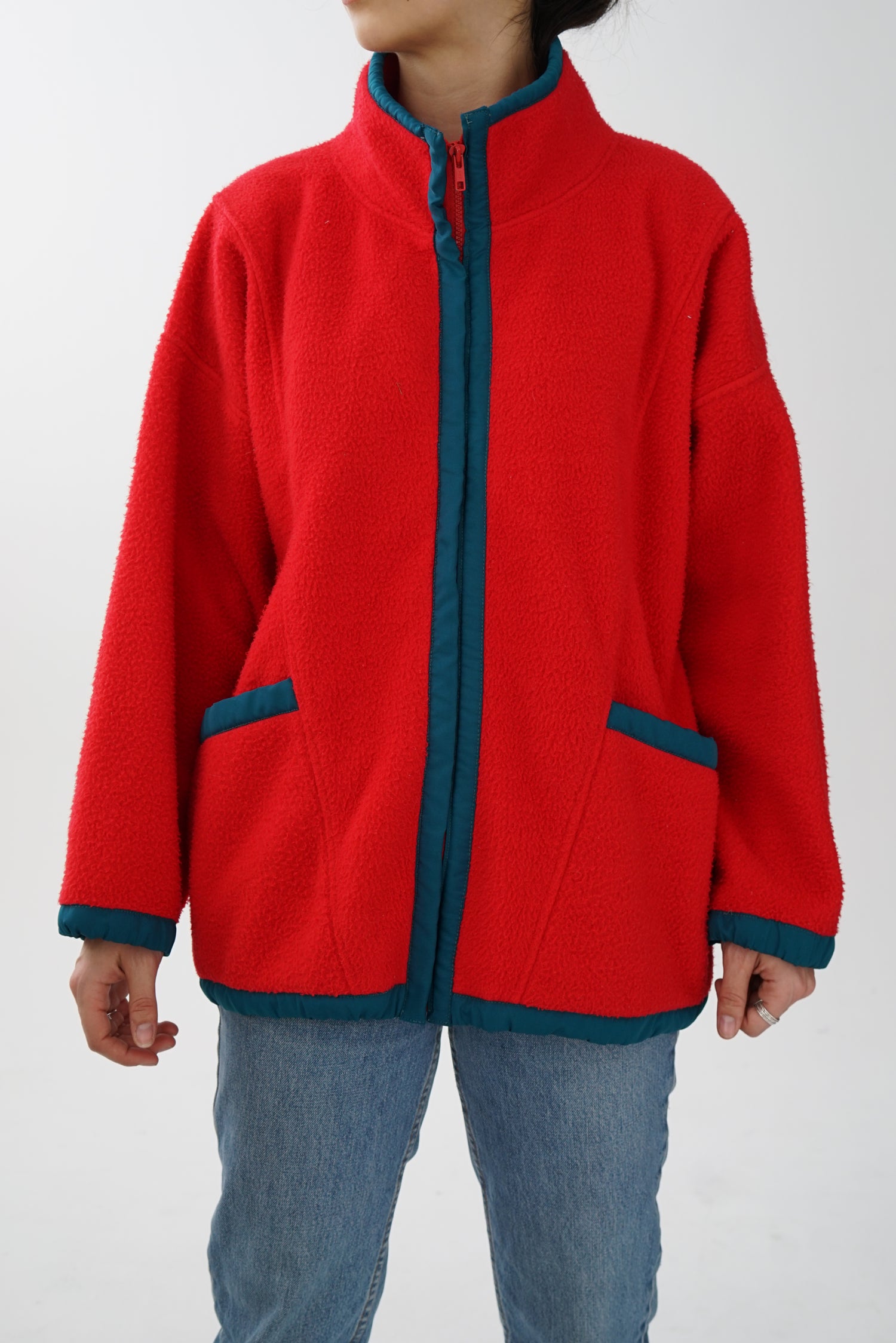 Polar vintage rouge à coutures vertes pour femme taille M