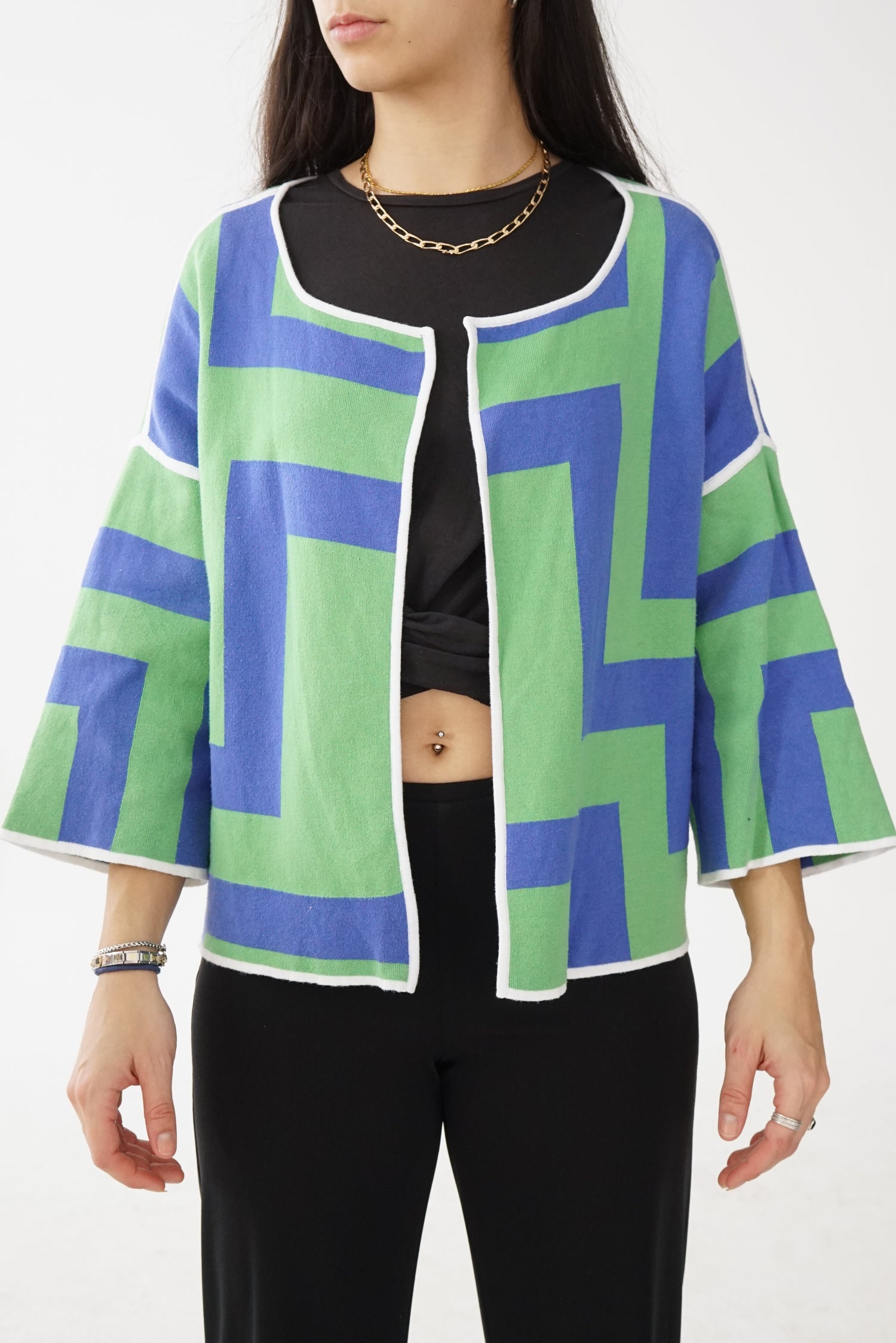 Veste vintage à manches 3/4 Tribal à motifs bleu et vert pour femme taille (L)