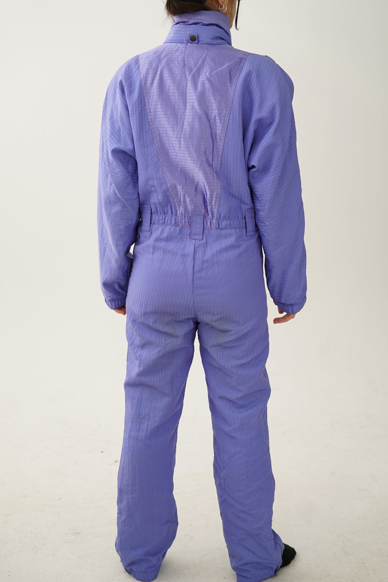 Vintage one piece Dubin ski suit, metallic blue snow suit size 40