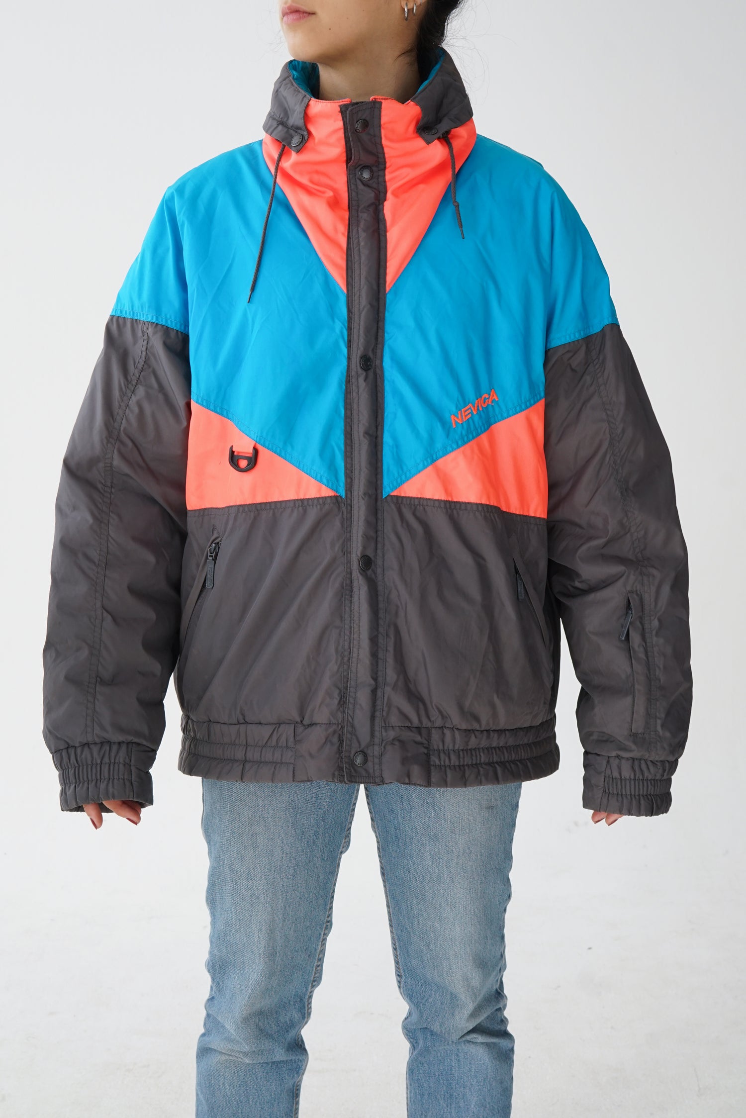 Manteau de ski vintage Nevica gris et bleu/orange fluos pour homme taille 44 (L)
