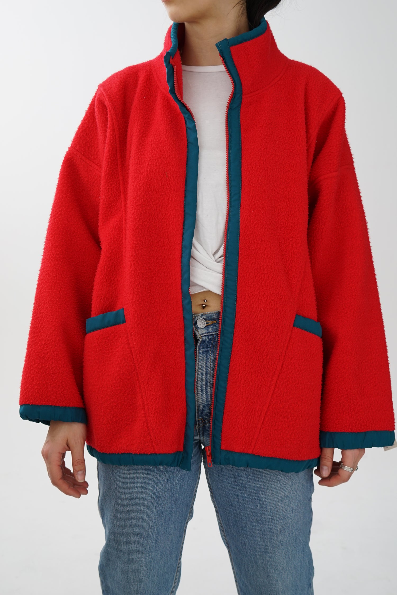 Polar vintage rouge à coutures vertes pour femme taille M