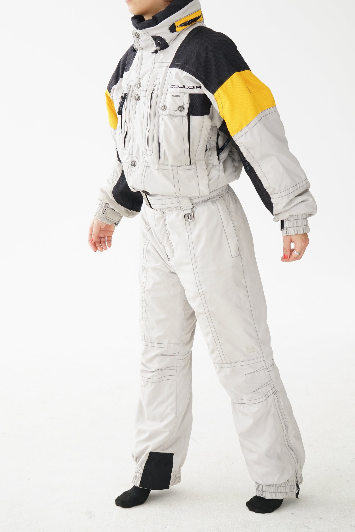 One piece Couloir snow suit ski suit gris, noir et jaune pour homme taille 42 (M)