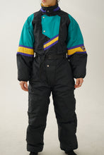 Charger l&#39;image dans la galerie, Vintage one piece New Face ski suit, snow suit noir avec couleurs M
