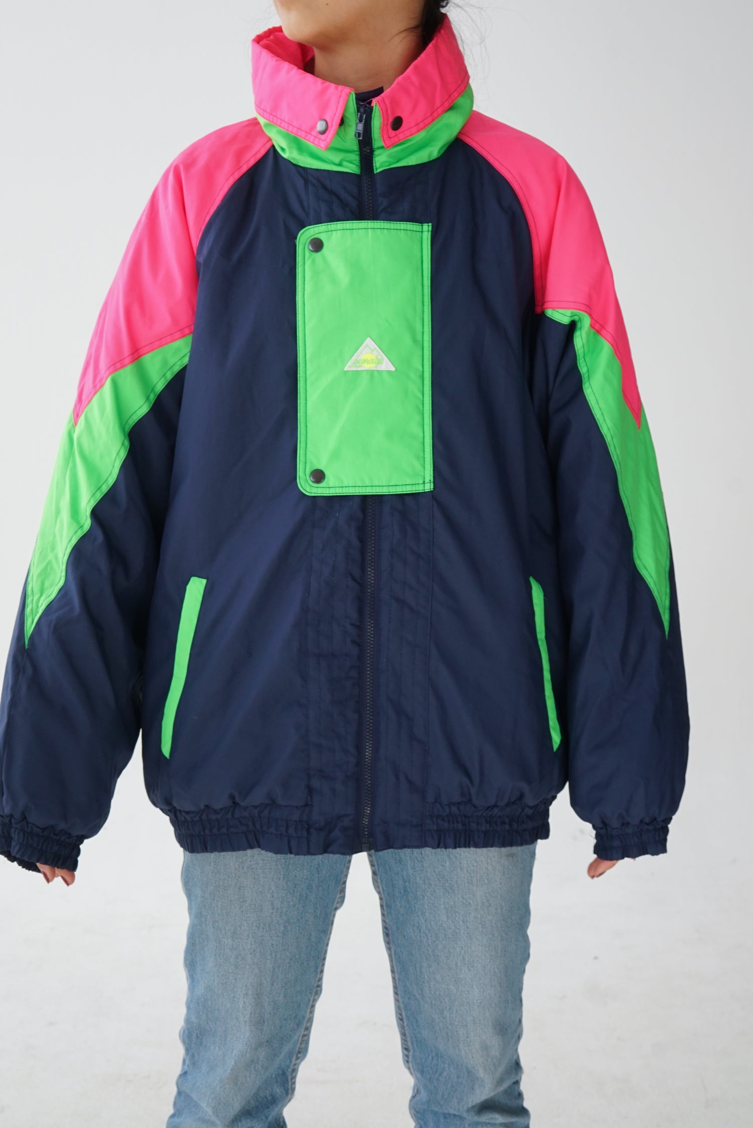 Manteau de ski vintage SunAlps bleu foncé et vert/rose fluos unisex taille 46 (L-XL)