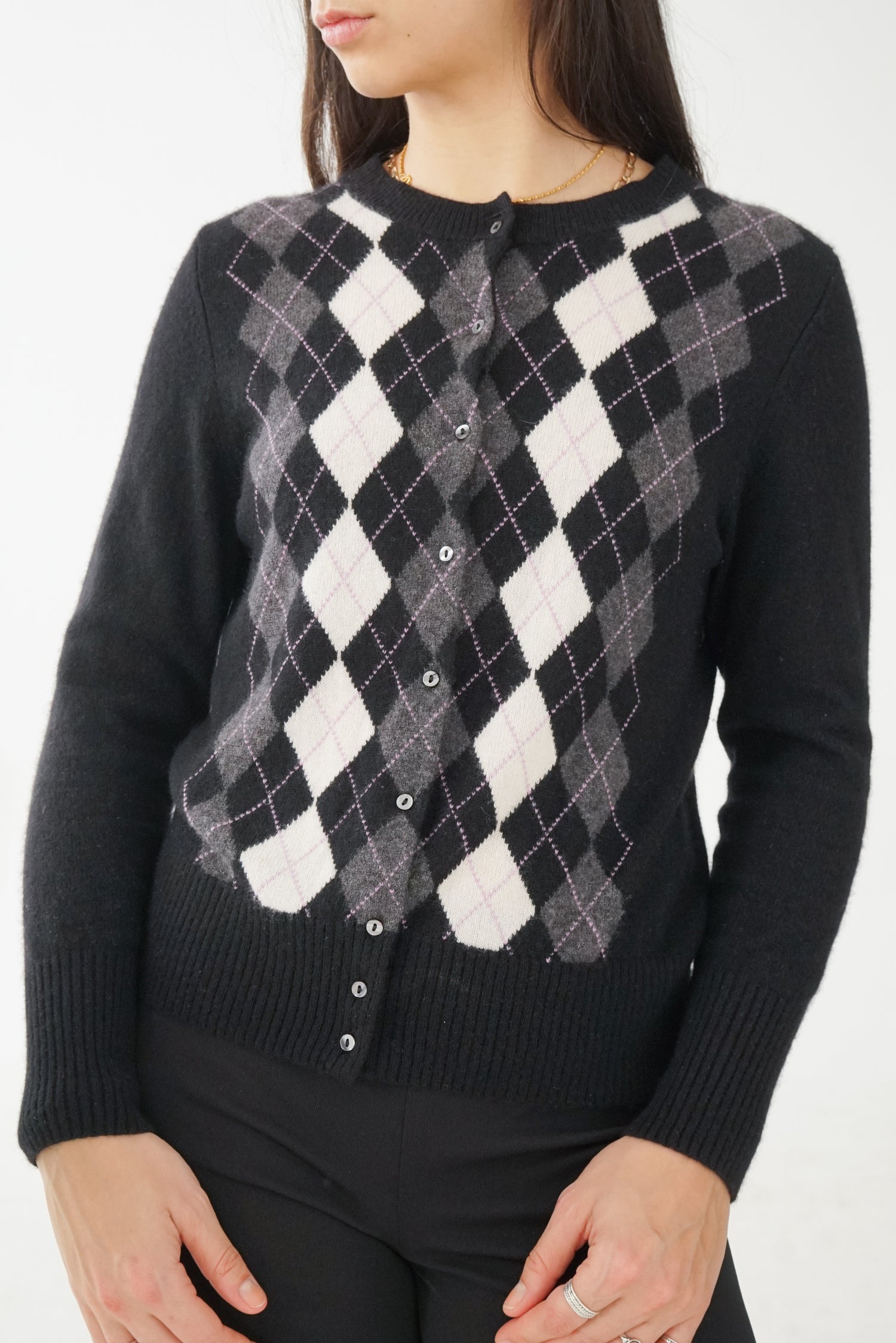 Veste cardignan Lord & Taylor 100% cachemire noir avec losanges pour femme taille M/L