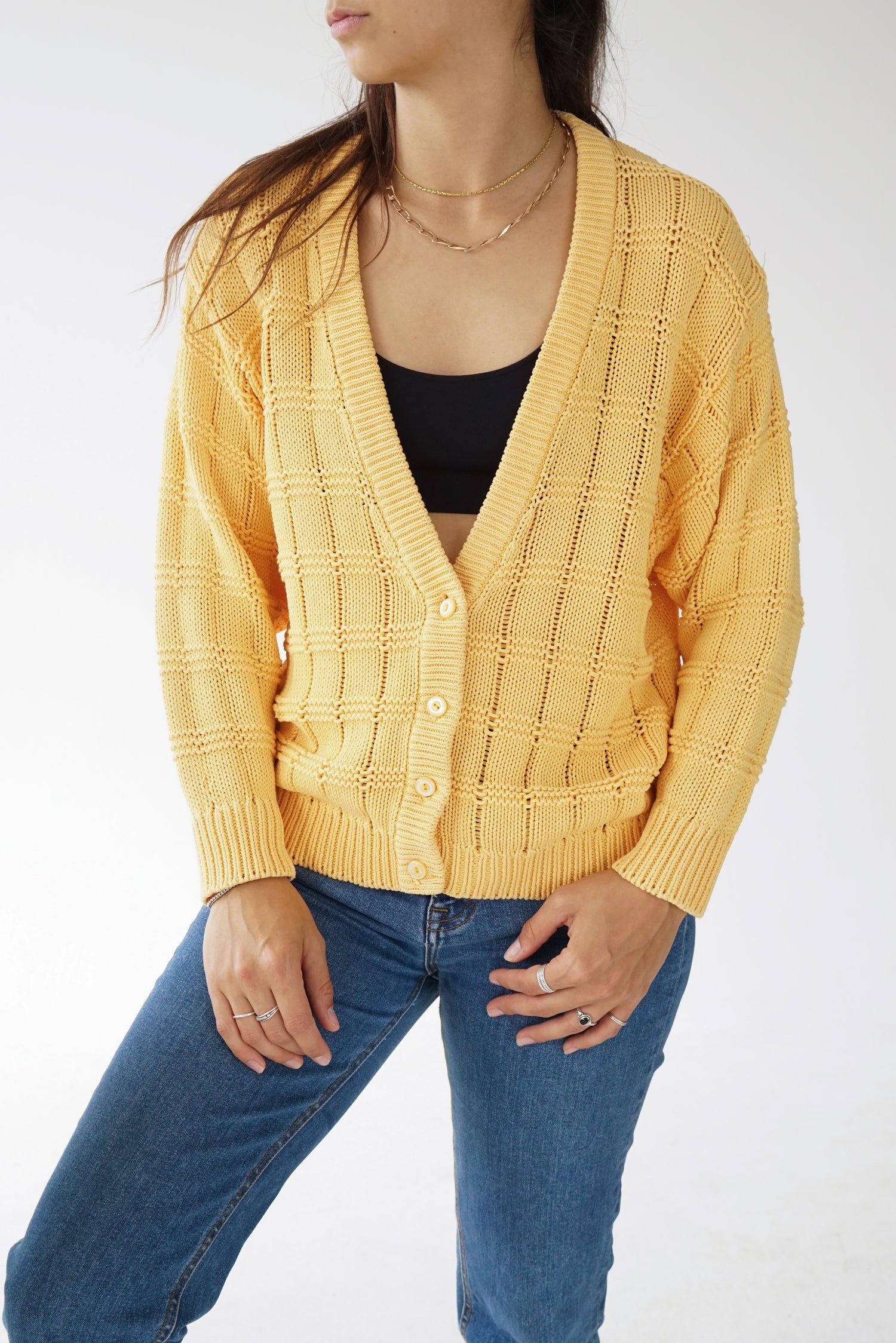Veste vintage tricot en coton à boutons jaune Thalie pour femme taille M