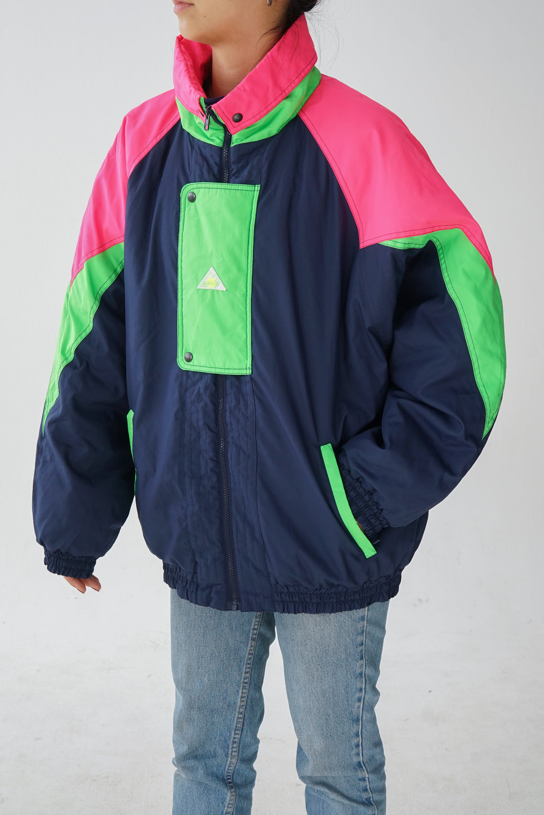 Manteau de ski vintage SunAlps bleu foncé et vert/rose fluos unisex taille 46 (L-XL)