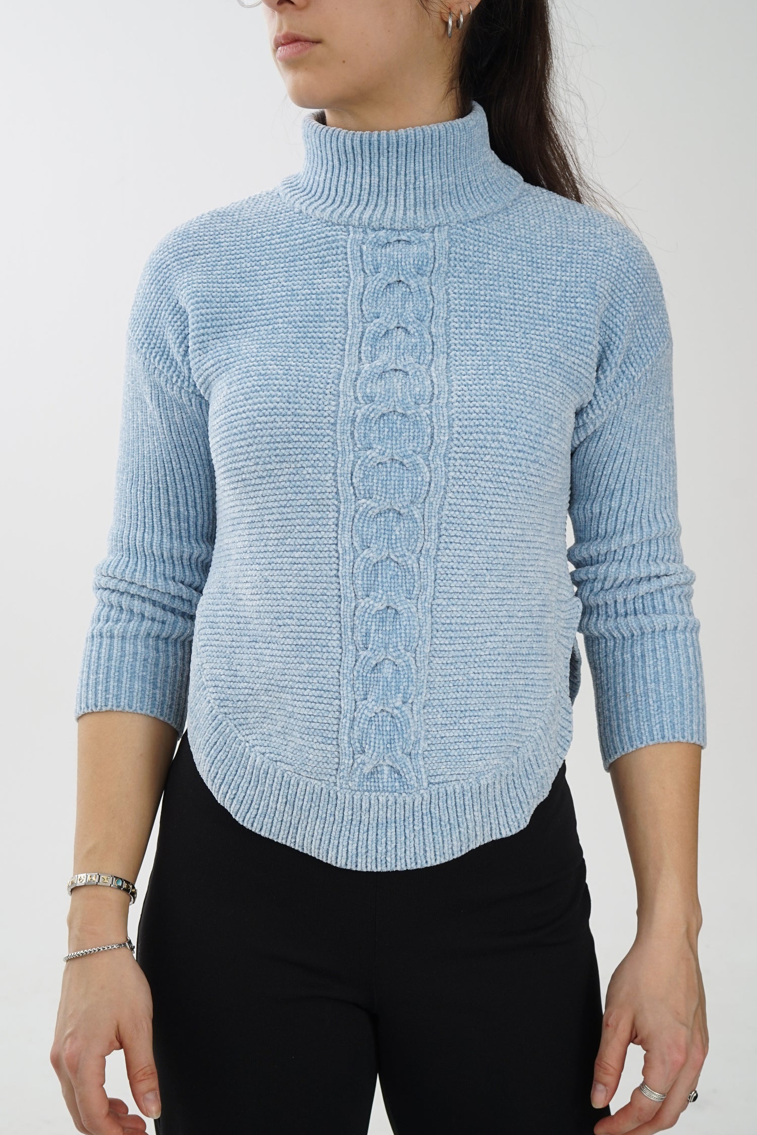 Col roulé funky à manches 3/4 en tricot velour bleu unisexe taille S