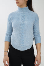 Load image into Gallery viewer, Col roulé funky à manches 3/4 en tricot velour bleu unisexe taille S
