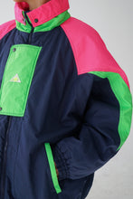 Load image into Gallery viewer, Manteau de ski vintage SunAlps bleu foncé et vert/rose fluos unisex taille 46 (L-XL)
