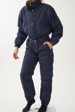 Load image into Gallery viewer, Vintage one piece Vuarnet ski suit, dark blue with faux fur collar for women size 8
