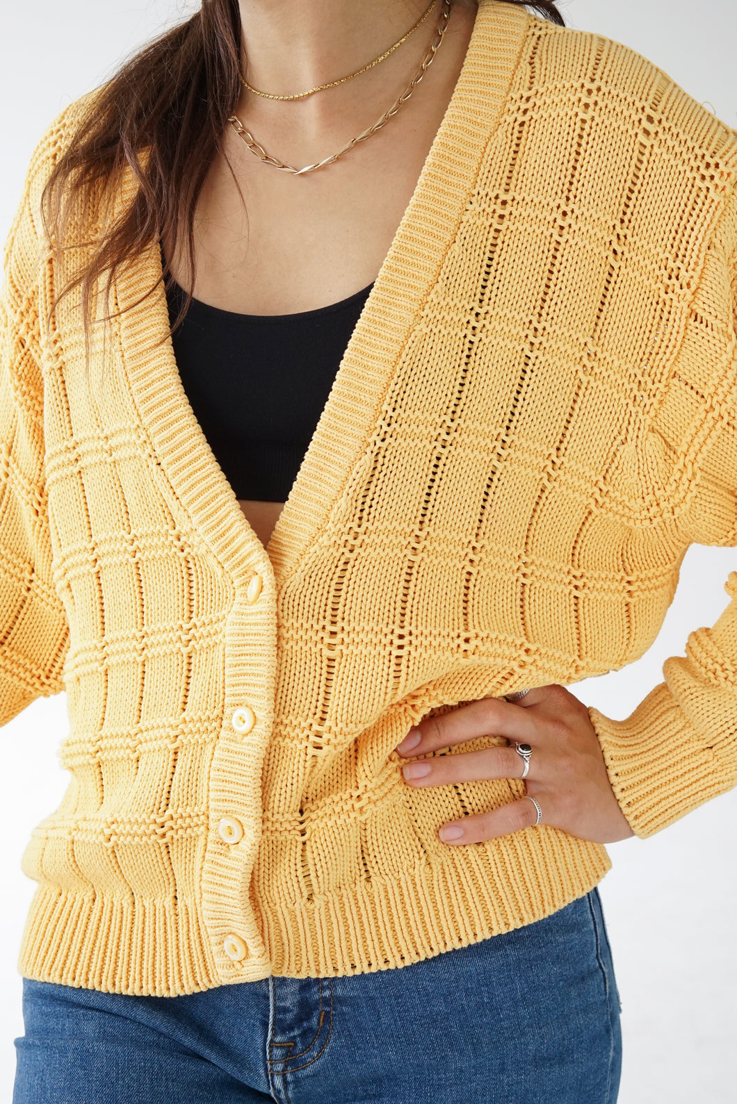 Veste vintage tricot en coton à boutons jaune Thalie pour femme taille M