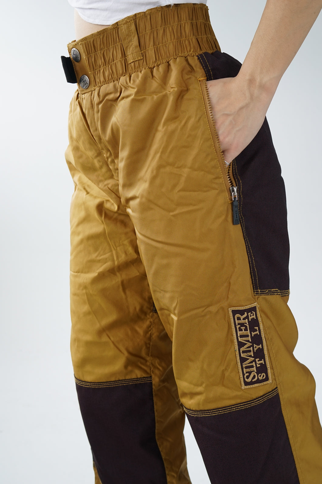 Pantalon de neige vintage doré avec patchs unisex S-M