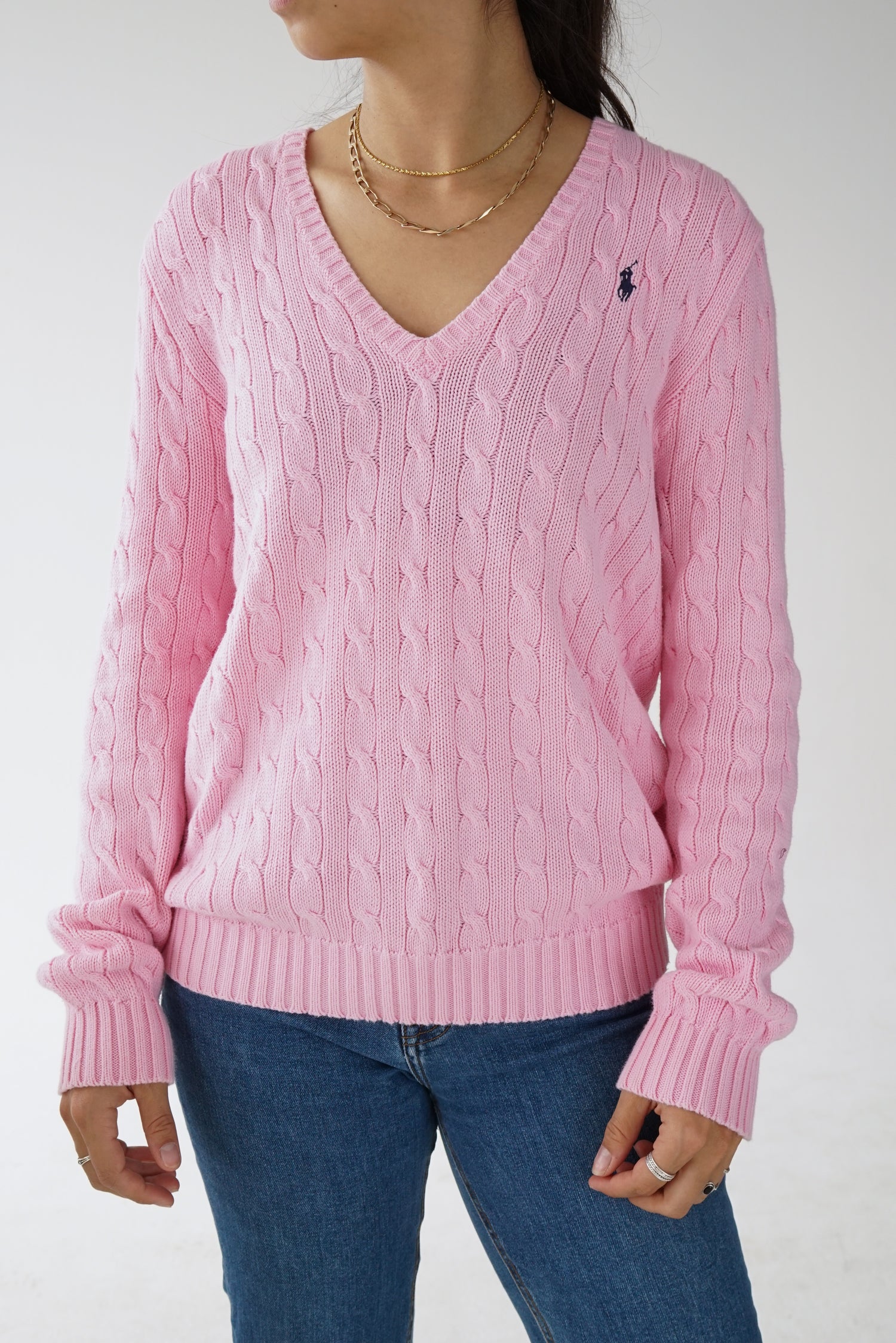 Chandail tressé Ralph Lauren Sport vintage col en V rose pâle pour femme taille XL