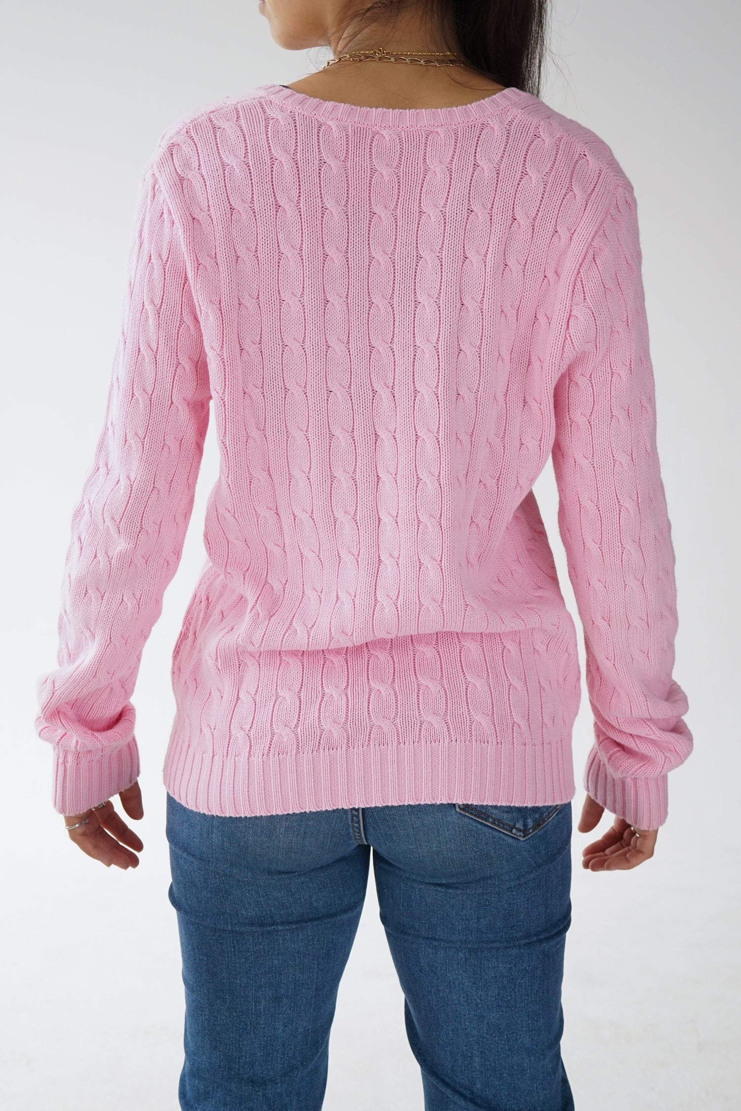 Chandail tressé Ralph Lauren Sport vintage col en V rose pâle pour femme taille XL