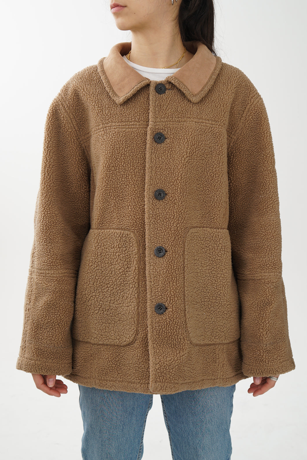 Manteau léger réversible vintage brun mouton et suède pour femme taille S-M