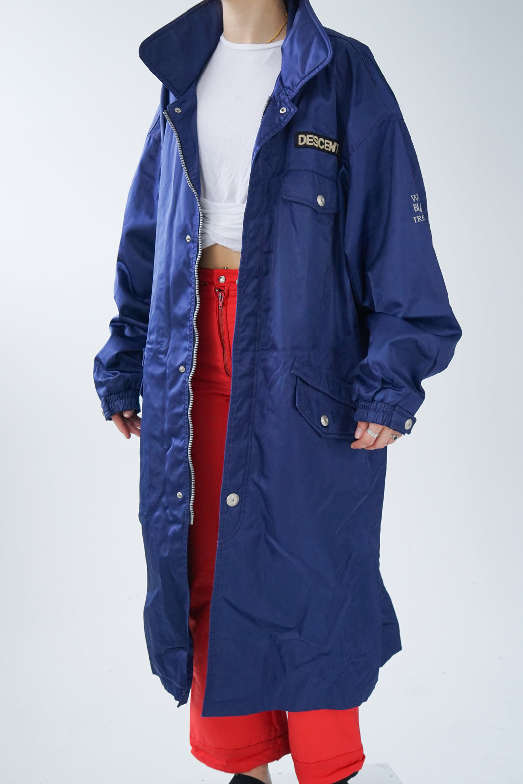 Manteau long de ski léger vintage Descente bleu métallique pour homme taille L
