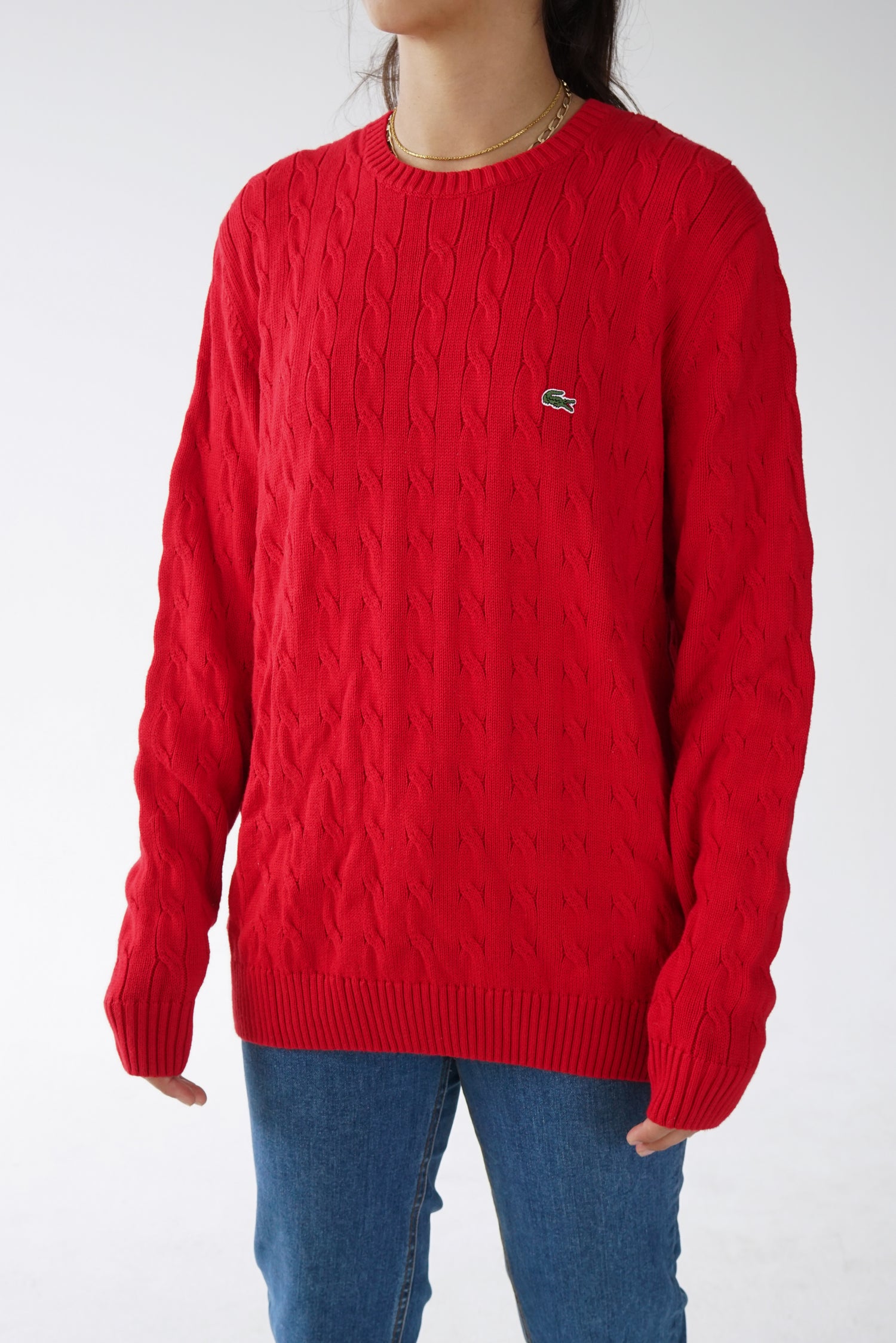 Chandail tressé Lacoste vintage rouge pour homme taille XL